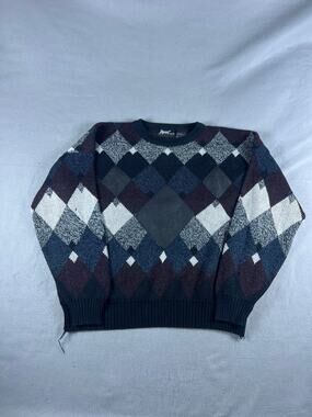 Vintage Impact Sweater Mens XL Blue Gray Brown Argyle Diamond Knit Leather Trim